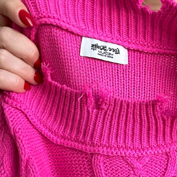 Neon Pink Distressed Crop Cable Knit Sweater - Picture 10 of 10